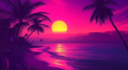 Obraz premium Beautiful Sunset Over a Tropical Beach With Palm Trees and Vibrant Colors