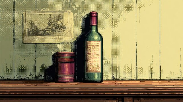 Still life with wine bottle and tin cans