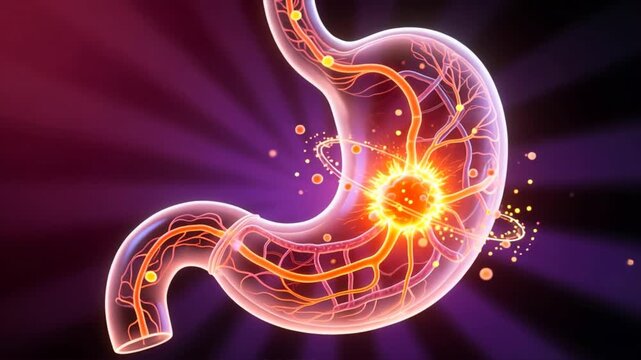 A stomach glows orange in side view with nerves and light burst inside, showing tech medical fusion, acidity, heartburn
