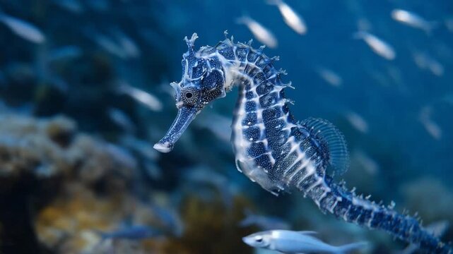 A graceful seahorse glides through tranquil ocean depths, accompanied by shimmering schools of tiny fish.