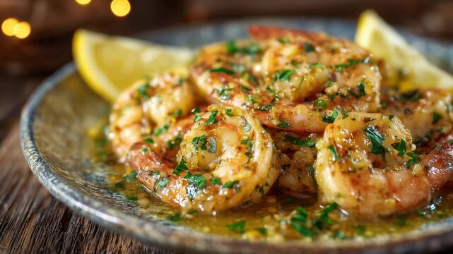 Indulge in a mouthwatering shrimp scampi, bathed in buttery garlic sauce, with fresh lemon and parsley, beautifully captured in natural light.