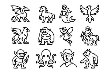 Fototapeta premium Mythical creatures outline collection featuring dragons, mermaids, and centaurs in a simple black linear style