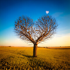 dead heart shaped tree in the middle of a field, cute and dreamy, feminine, romance, Valentines day concep