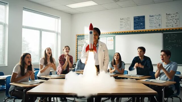 Students and Teacher Launching a Model Rocket in a Classroom.