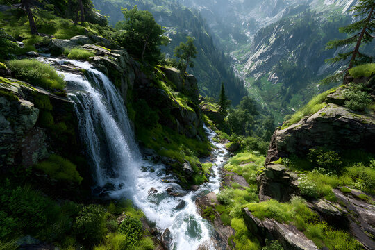 Mountain waterfall with wild water rushing over rocks and green moss, perfect for nature and outdoor photography.