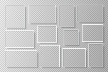 Photo Realistic Black Blank Picture Frame, hanging on a Wall from the Front. mockup isolated on transparent background. Graphic style template. Vector illustration