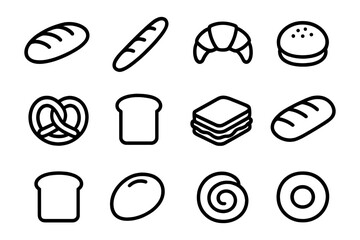 Set of 12 linear bread icons featuring bagel, croissant, and pretzel in simple outline style