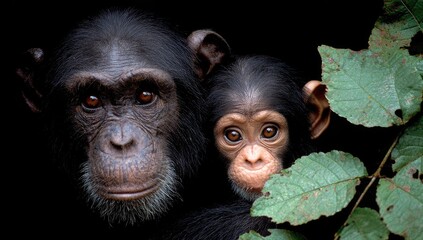 Close-up of a chimpanzee mother and her infant, showcasing intricate details and a profound connection.