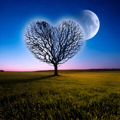 dead heart shaped tree in the middle of a field with night moon, cute and dreamy, feminine, romance, Valentines day concept