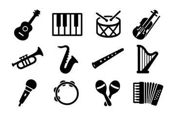Musical instruments icons set featuring diverse instruments in bold silhouette style