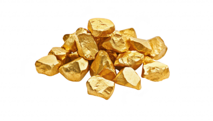 A collection of gleaming gold nuggets. their natural form and texture. arranged artistically on a clean white background. ideal for financial or luxury-themed projects