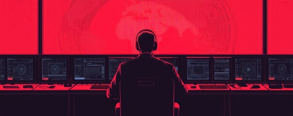 A silhouette of a person at a control station surrounded by multiple screens, bathed in a red glow, suggesting a high-tech, possibly surveillance environment.