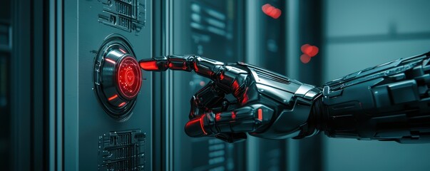 A robotic hand reaches toward a glowing red button on a futuristic control panel, highlighting advanced technology and automation.