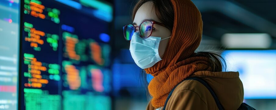 A woman in a mask and glasses gazes at data displays, wearing a warm scarf, suggesting a tech-focused environment during times of health awareness. - Powered by Adobe