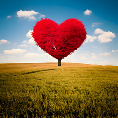  dead red heart shaped tree in the middle of a field, cute and dreamy, feminine, romance, Valentines day concept.