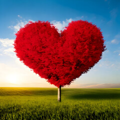 dead red heart shaped tree in the middle of a field, cute and dreamy, feminine, romance, Valentines day concept.