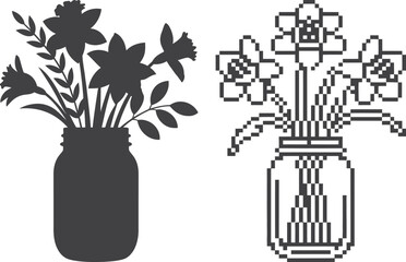 Silhouette and line art of daffodils in a jar
