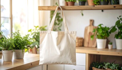 Cream-colored tote bag hangs from a wooden shelf in a bright kitchen