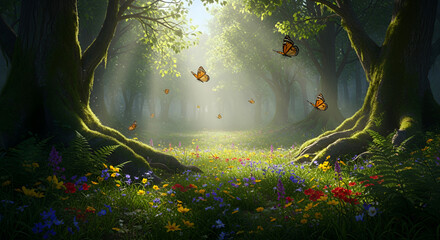 A sunlit forest clearing with butterflies and mossy trees and colorful wildflowers in bloom