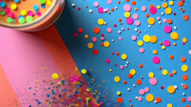 Colorful confetti scattered on vibrant paper surfaces creates a festive and joyful atmosphere perfect for celebrations and special events
