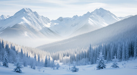 A winter landscape with snow covered mountains and trees in a foggy and bright environment