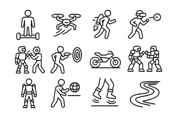 Active lifestyle line icons: sports, tech gadgets, and adventure activities