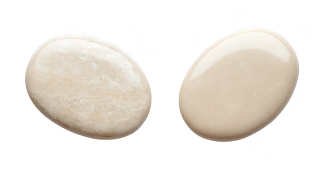 Two smooth. polished beige stones placed side by side on a clean white background. their natural sheen and texture. ideal for use in spa or wellness-themed designs