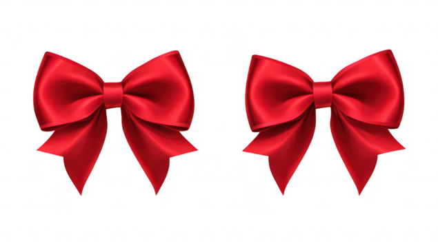 Two red satin bows with elegant loops and tails. positioned symmetrically against a clean white background. ideal for festive decorations or gift wrapping