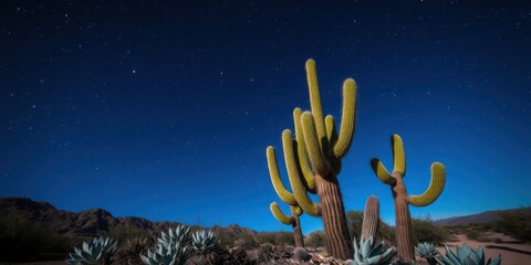 Arizona's starry sky and iconic saguaro cacti create a magical desert landscape.