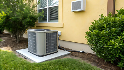 A modern residential air conditioner unit on concrete pad, green bushes surrounded exterior condenser HVAC, beige house wall background - home comfort, cooling technology for summer heat concept