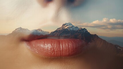 Extreme close up double exposure of lips blended with mountain landscape