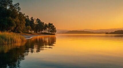 Obraz premium shore. Tranquil lakeside view at sunset with calm water reflecting golden hues. inspiring travel planning, travel magazines, designed for outdoor magazines and nature guides.