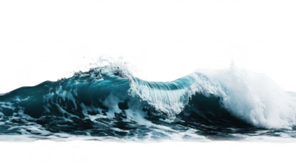 A powerful ocean wave crashing against the shore. turquoise and white foam. with a serene beach in the background under a clear blue sky. ideal for nature or water-themed projects