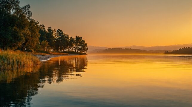 shore. Tranquil lakeside view at sunset with calm water reflecting golden hues. inspiring travel planning, travel magazines, designed for outdoor magazines and nature guides.