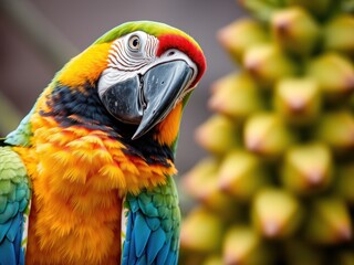 Obraz premium Exquisite portrait of a vibrant macaw parrot against a blurred natural backdrop