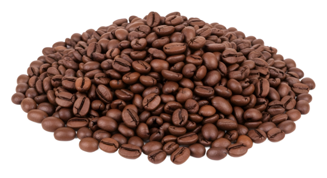 A large pile of freshly roasted brown coffee beans, a plain object isolated on a clean white background with no shadow or text