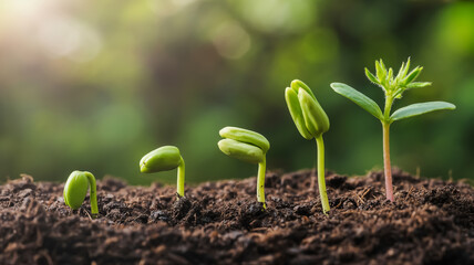 A macro photograph of four small green seedlings growing from dark brown soil, arranged in a horizontal line.