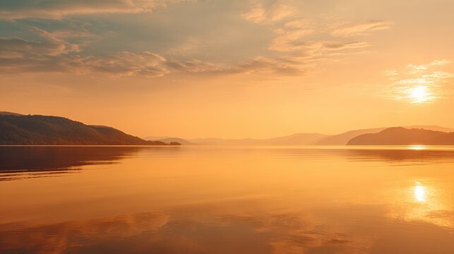 shore. Tranquil lakeside view at sunset with calm water reflecting golden hues. inspiring travel planning, travel magazines, designed for outdoor magazines and nature guides.