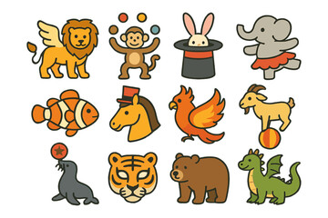 Fototapeta premium Colorful cartoon animals and circus icons for kids' designs