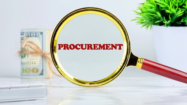 Concept of procurement. Animation of the PROCURATION text through a magnifying glass on a light background