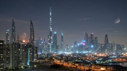 Fototapeta premium Digital Empire design. Stunning city skyline at night with illuminated skyscrapers and vibrant lights.