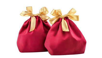 Two elegant red fabric bags with golden ribbons tied at the top. placed side by side on a plain white background. ideal for festive occasions. gift-giving. or holiday celebrations