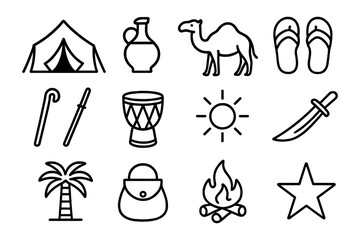 Desert adventure icons: camping, culture, and nature in simple line art