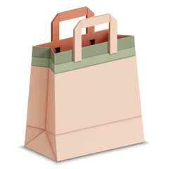 A stylized illustration of an empty paper shopping bag with a pink body, green trim, and sturdy handles.