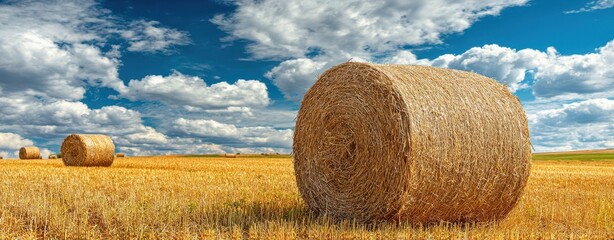 The Hay Bale in a Golden Harvest Field Under Dramatic Blue Sky