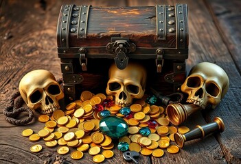 A weathered treasure chest spills gold coins, jewels, and a skull onto aged wood, surrounded by a cutlass and spyglass,   travel,   legend