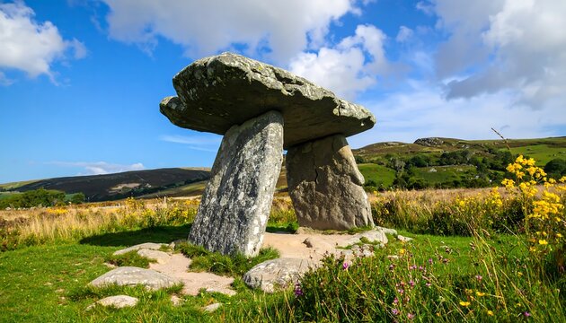 An ancient stone dolmen stands in a grassy field under a bright blue, cloudy sky
