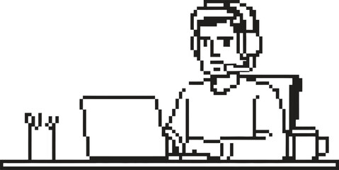 Pixel art illustration of a gamer with headset and laptop