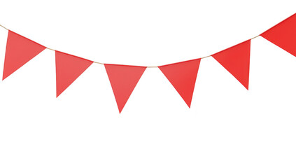 A string of red triangular flags hanging against a clean white background. ideal for festive decorations or celebrations. creating a cheerful atmosphere