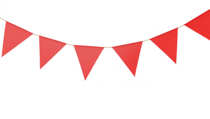 A string of red triangular flags hanging against a clean white background. ideal for festive decorations or celebrations. creating a cheerful atmosphere